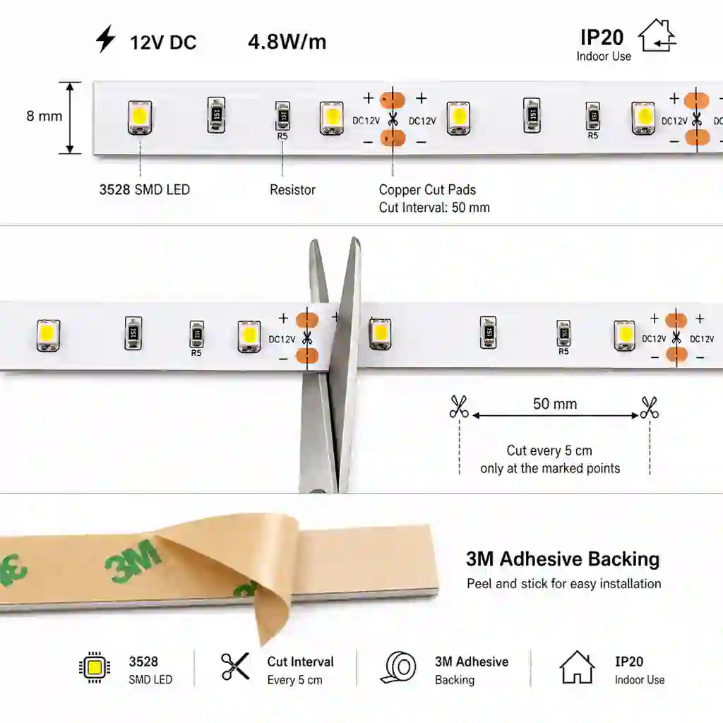Technický detail LED pásku 8mm s dělením každých 5cm
